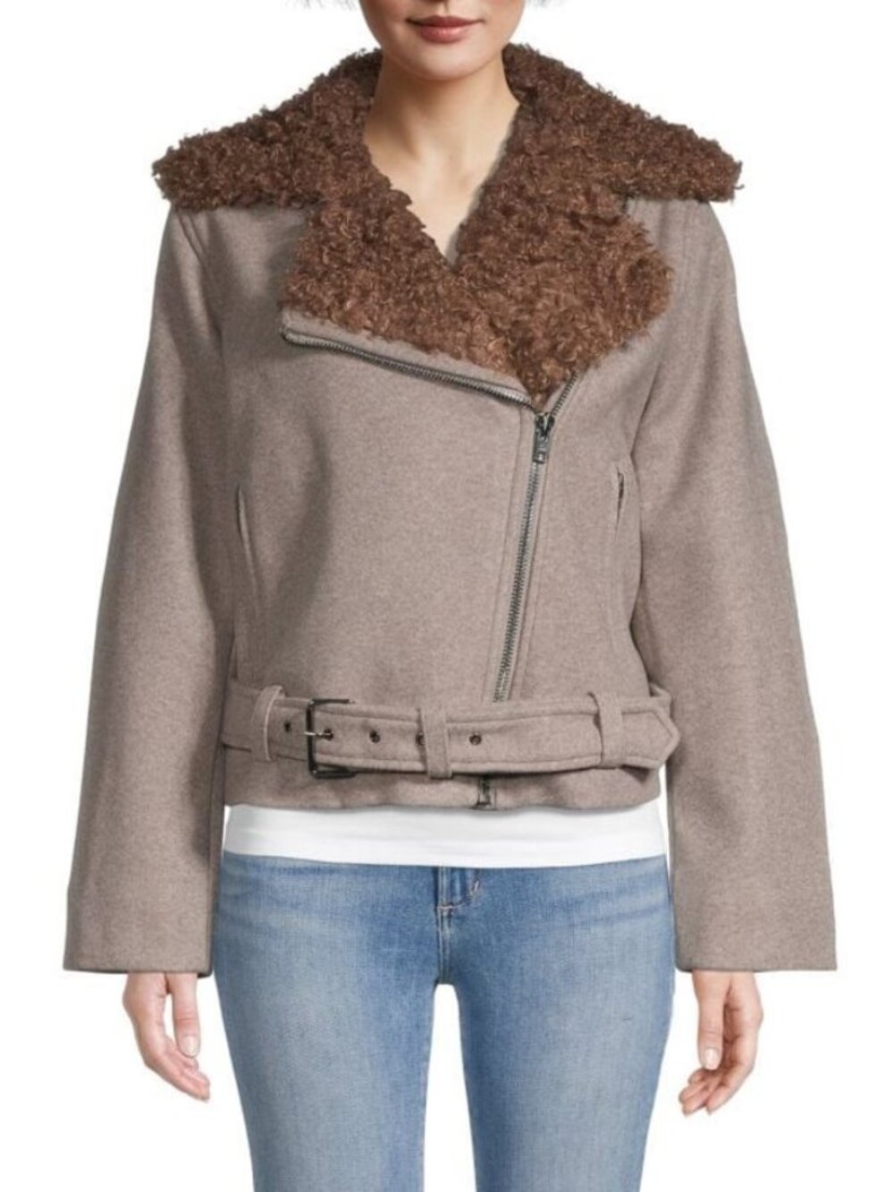 NWT DH New York Sky Taupe Faux Fur Diagonal Zip Warm Moto Biker Jacket